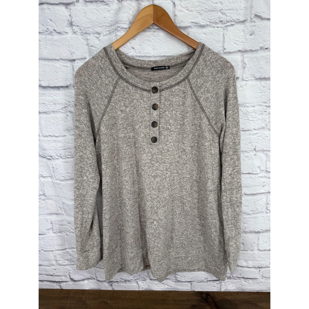 Pink Clover XL Heathered Taupe Brown Henley Top Super Soft Boho Relaxed - Picture 2 of 8